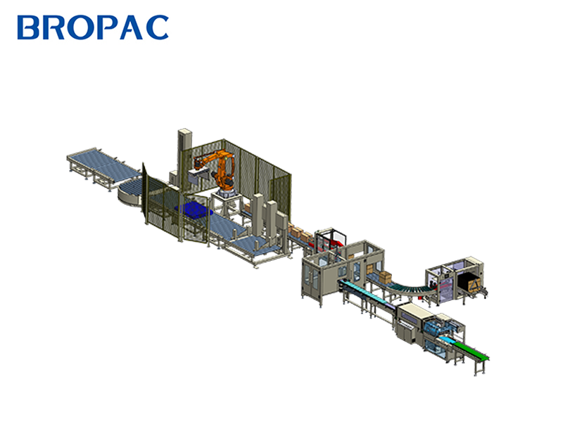 Automatic unpacking, sealing and palletizing packaging line for boxed products